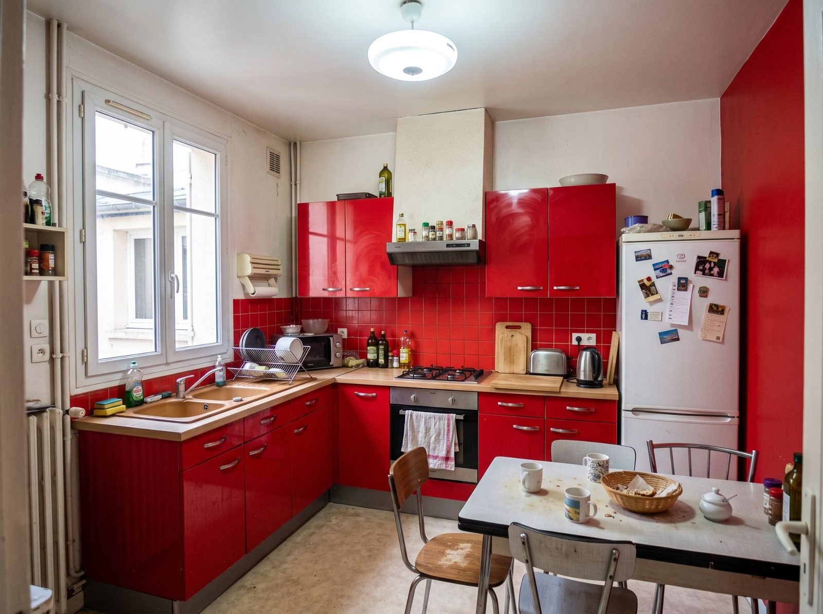 Avant : une cuisine aux façades et à la crédence rouge vif, à l’ambiance très forte