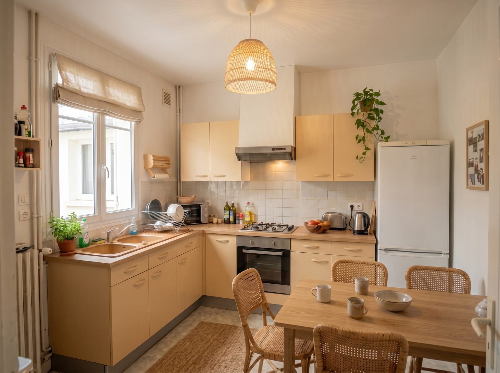 Proposition 1 : la même cuisine en ocre pâle, blanc et bois naturel, baignée d’une lumière douce