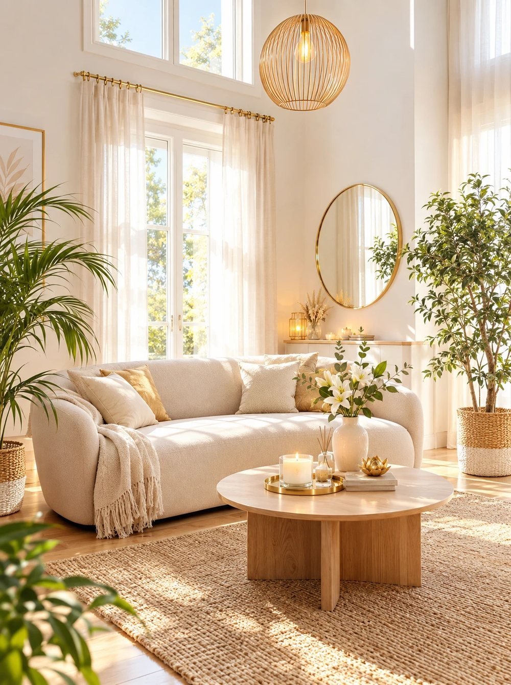 Un salon baigné de soleil : canapé arrondi crème, table ronde en bois clair, suspension et miroir dorés, plantes et tapis de jute
